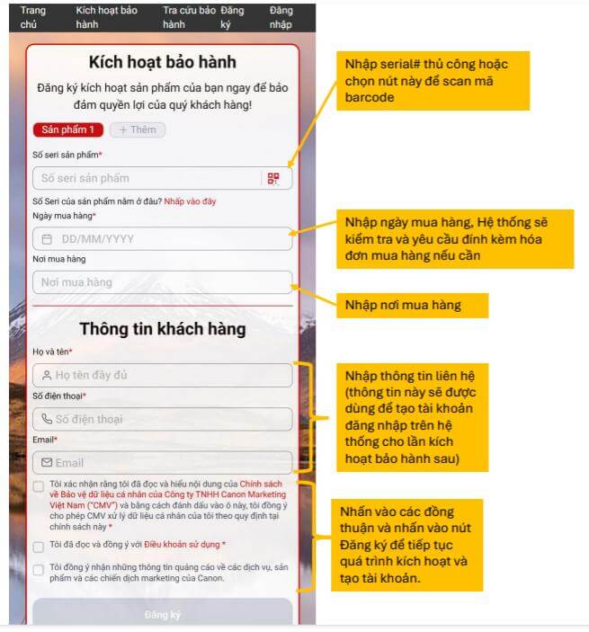 Bảo hành máy ảnh Canon: Cách kích hoạt và tra cứu online đơn giản 5 Nhập liệu cá nhân
