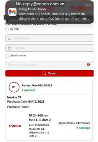 Bảo hành máy ảnh Canon: Cách kích hoạt và tra cứu online đơn giản 8 Thông báo hoàn tất
